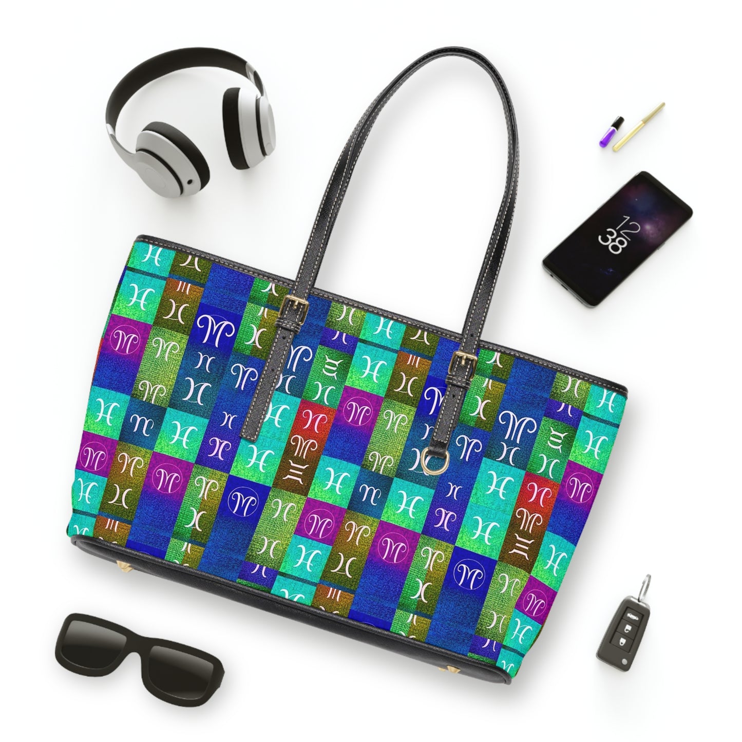 Leather Shoulder Bag, Aquarius, Zodiac v2, Shapes Pattern