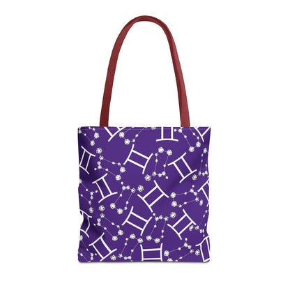 Tote Bag, Gemini Zodiac Sign, AOP, (Purple, White Print)