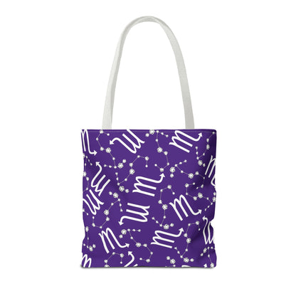 Tote Bag, Scorpio Zodiac Sign, AOP, (Purple, White)