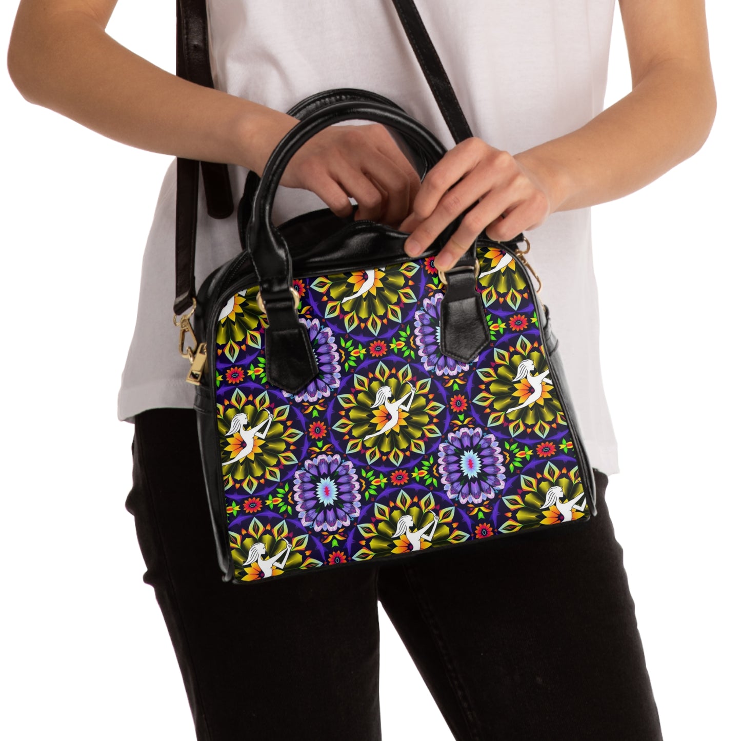 Shoulder Handbag, Sagittarius, Zodiac v2, Flower Pattern
