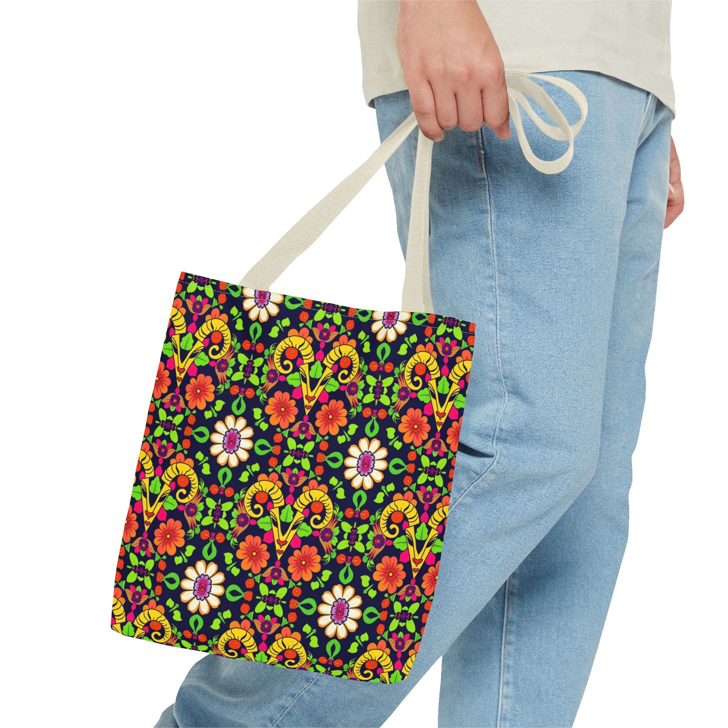 Tote Bag (AOP), Aries, Zodiac, Flower Pattern