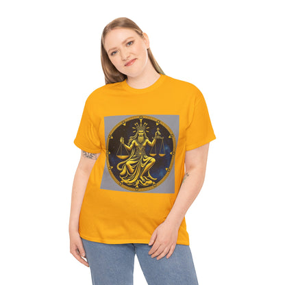 Unisex Heavy Cotton T-Shirt, Gold Libra God, Zodiac Design