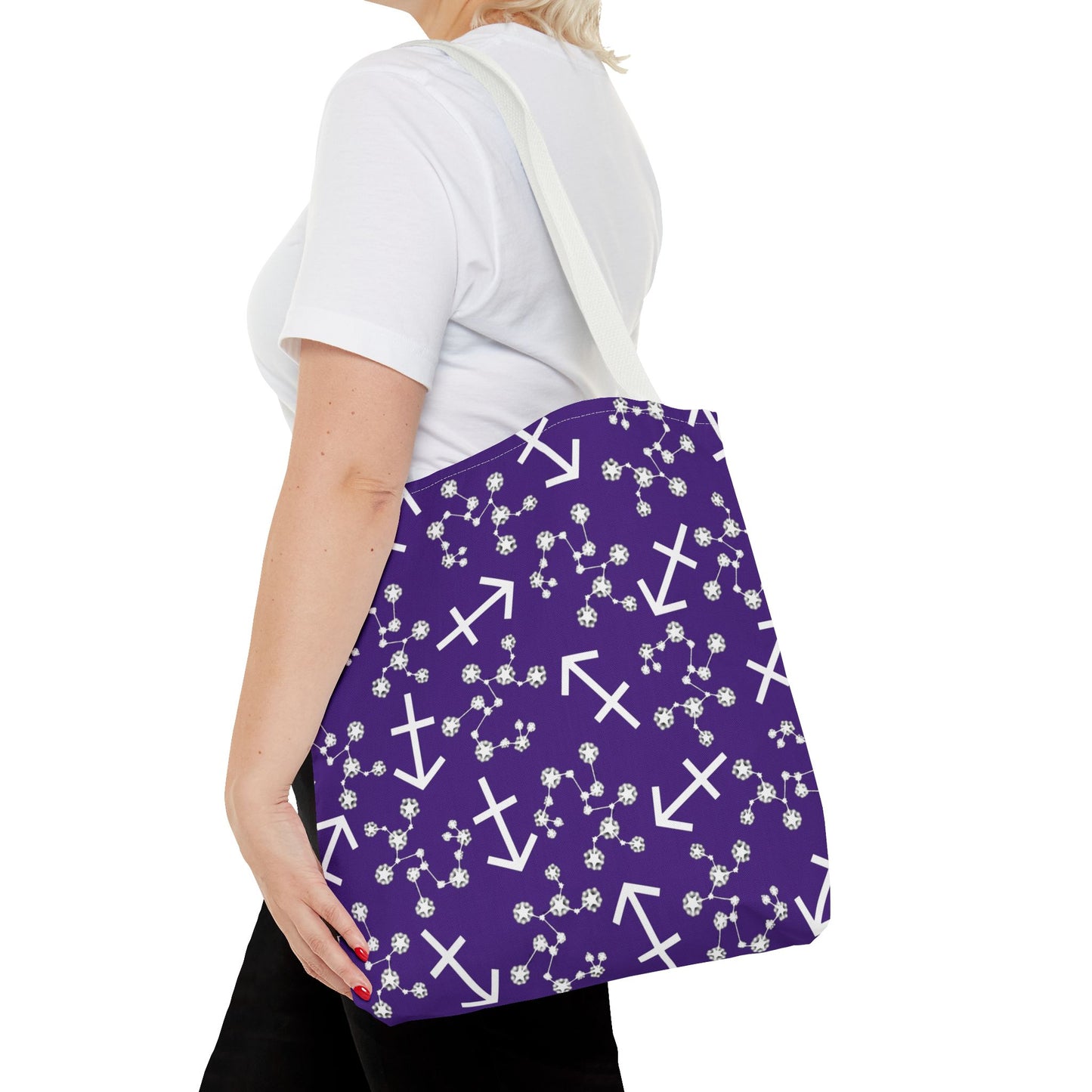Tote Bag, Sagittarius Zodiac Sign, AOP, (Purple, White Print)