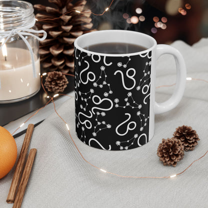 Ceramic Mug, (11oz, 15oz), Ceramic Coffee Mug, Black AOP, Leo Zodiac Design