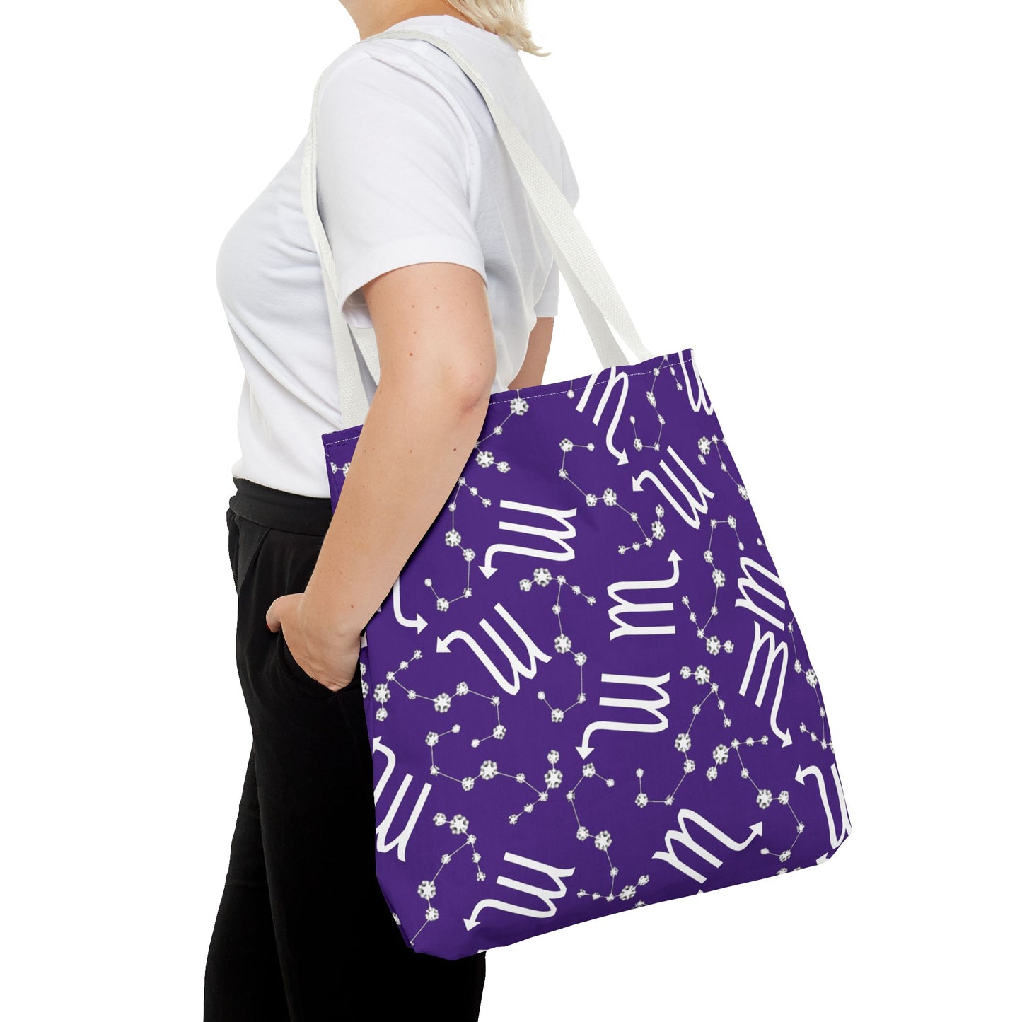 Tote Bag, Scorpio Zodiac Sign, AOP, (Purple, White)
