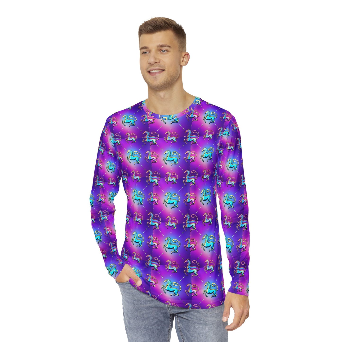 Men's Long Sleeve Shirt, (AOP), Aquarius, Zodiac v4, Pattern