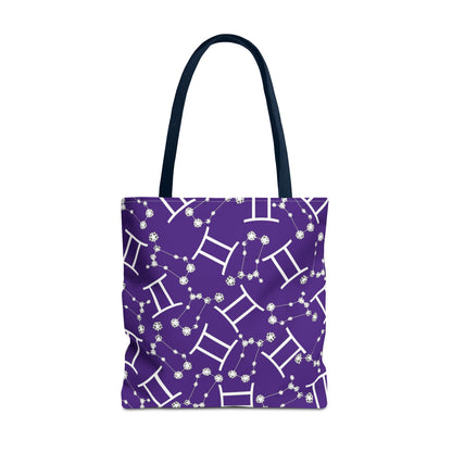 Tote Bag, Gemini Zodiac Sign, AOP, (Purple, White Print)