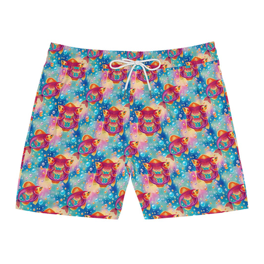Men's Mid-Length Swim Shorts, (AOP), Pisces, Zodiac v3, Bubble Pattern
