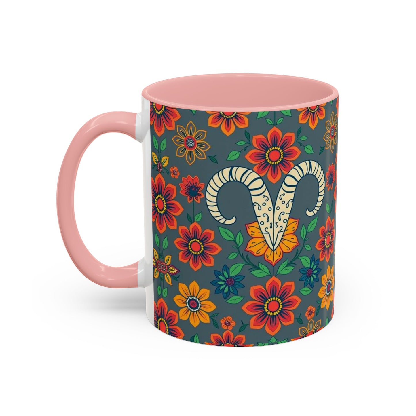 Accent Coffee Mug, Aries, Zodiac v4, Flower Pattern, (11, 15oz)