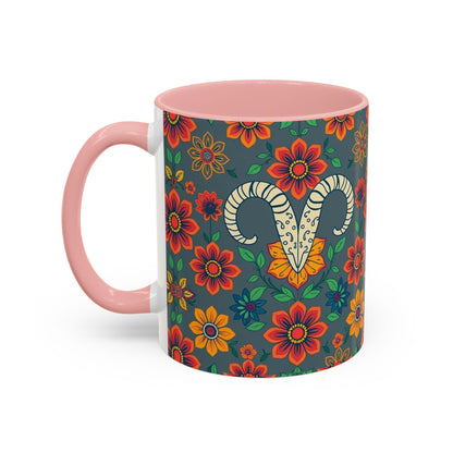 Accent Coffee Mug, Aries, Zodiac v4, Flower Pattern, (11, 15oz)