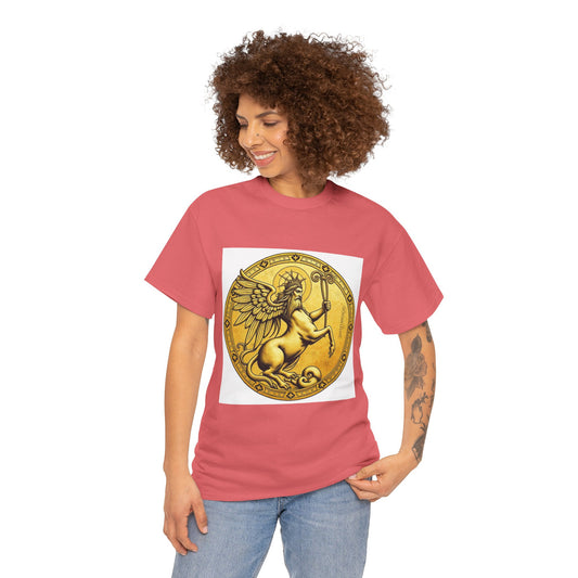 Unisex Heavy Cotton T-Shirt, Golden Angel Coin v1, Virgo Zodiac Design