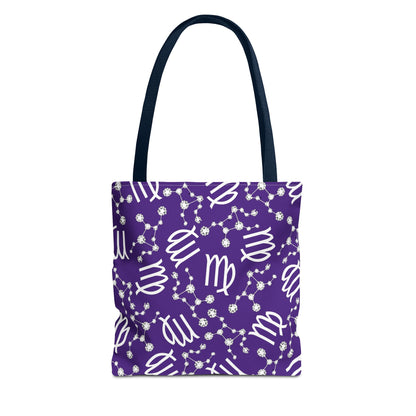 Tote Bag, Virgo Zodiac Sign, AOP, (Purple, White)