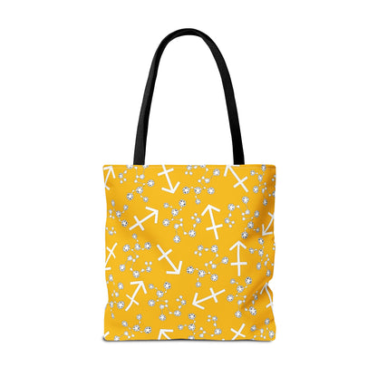 Tote Bag, Sagittarius Zodiac Sign, AOP, (Yellow, White Print)