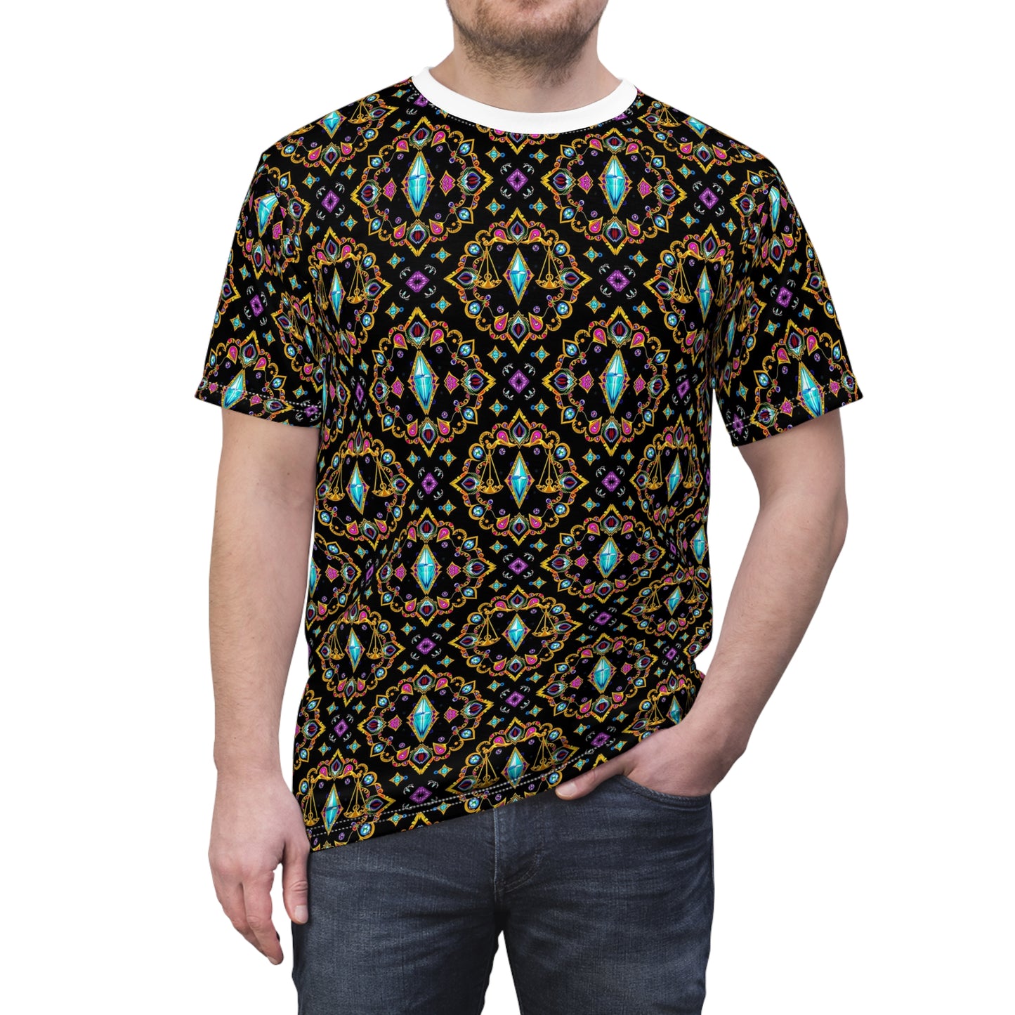 Unisex Cut & Sew T-Shirt, (AOP), Libra, Zodiac v1, Jewels Pattern
