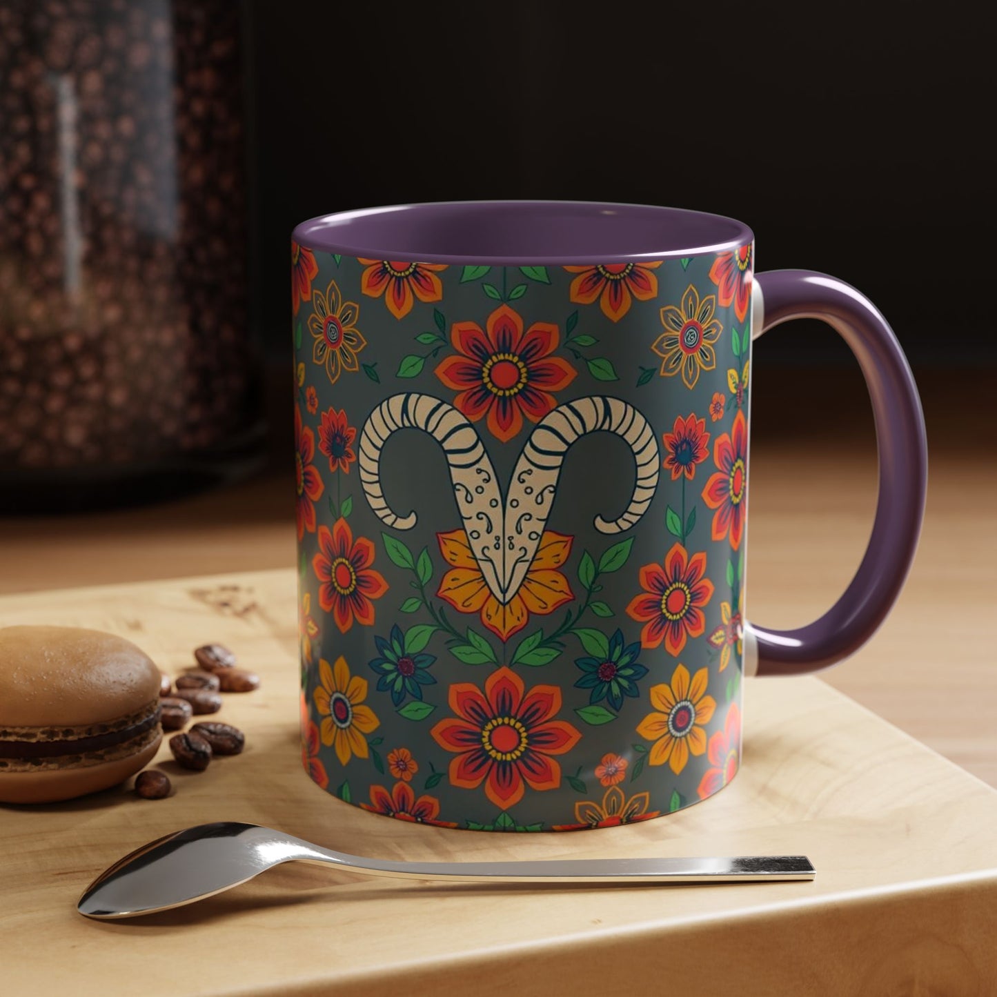 Accent Coffee Mug, Aries, Zodiac v4, Flower Pattern, (11, 15oz)