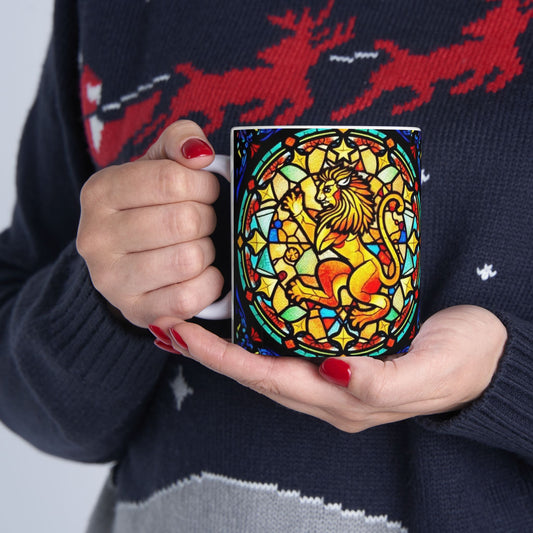 Ceramic Mug, (11oz, 15oz), Glass Design v1, AOP, Leo Zodiac Sign