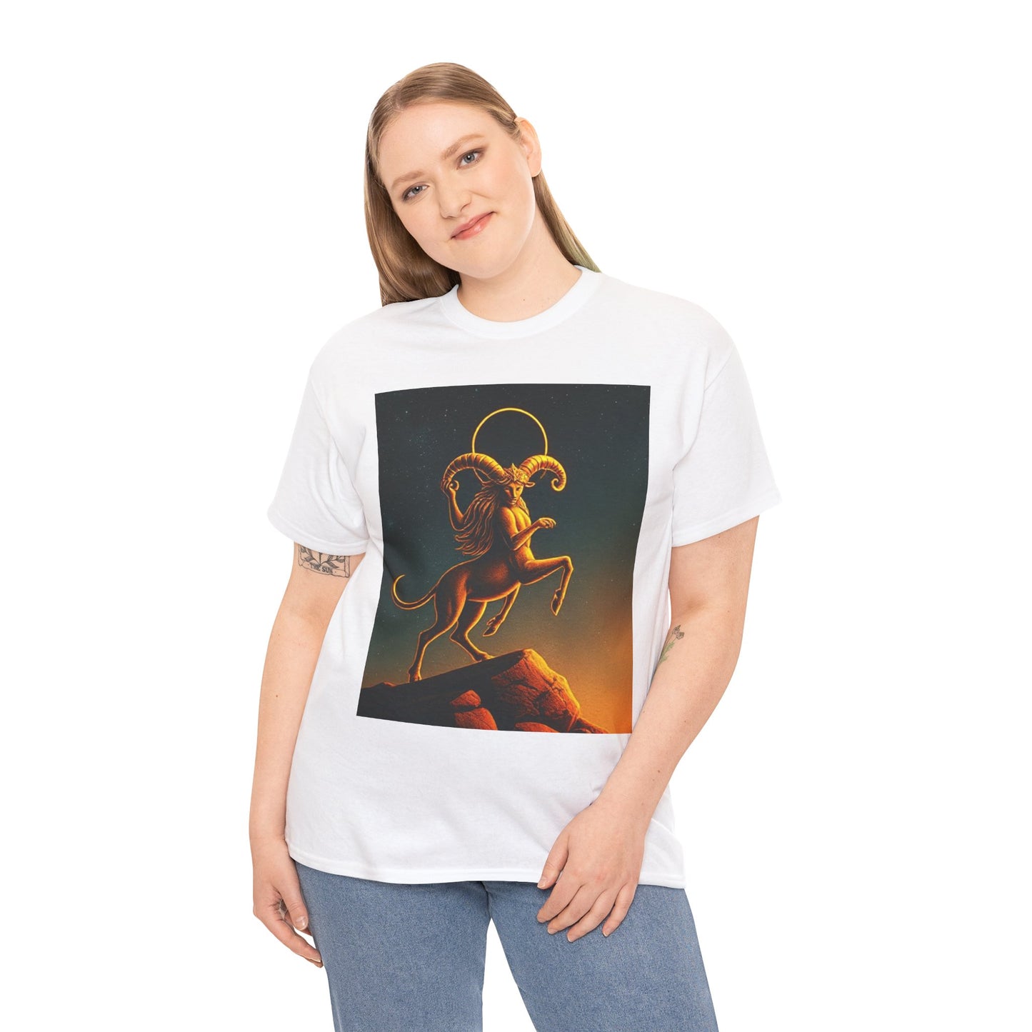Unisex Heavy Cotton T-Shirt, Mountain Top 1v, Aries Zodiac Design