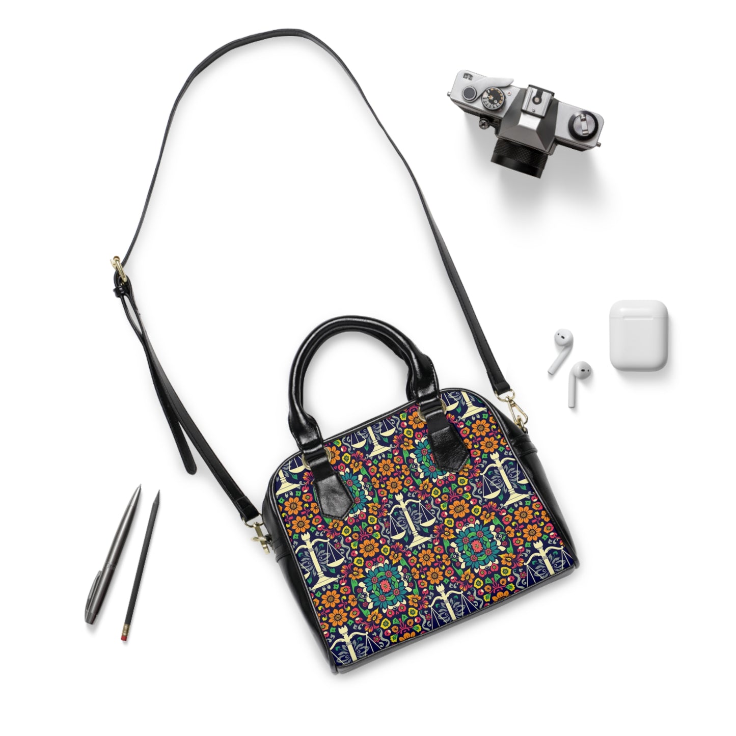Shoulder Handbag, Libra, Zodiac v1, Flower Pattern