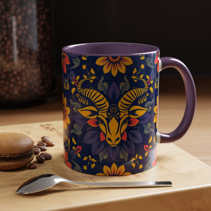 Accent Coffee Mug, Taurus, Zodiac v1. Flower Pattern, (11, 15oz)