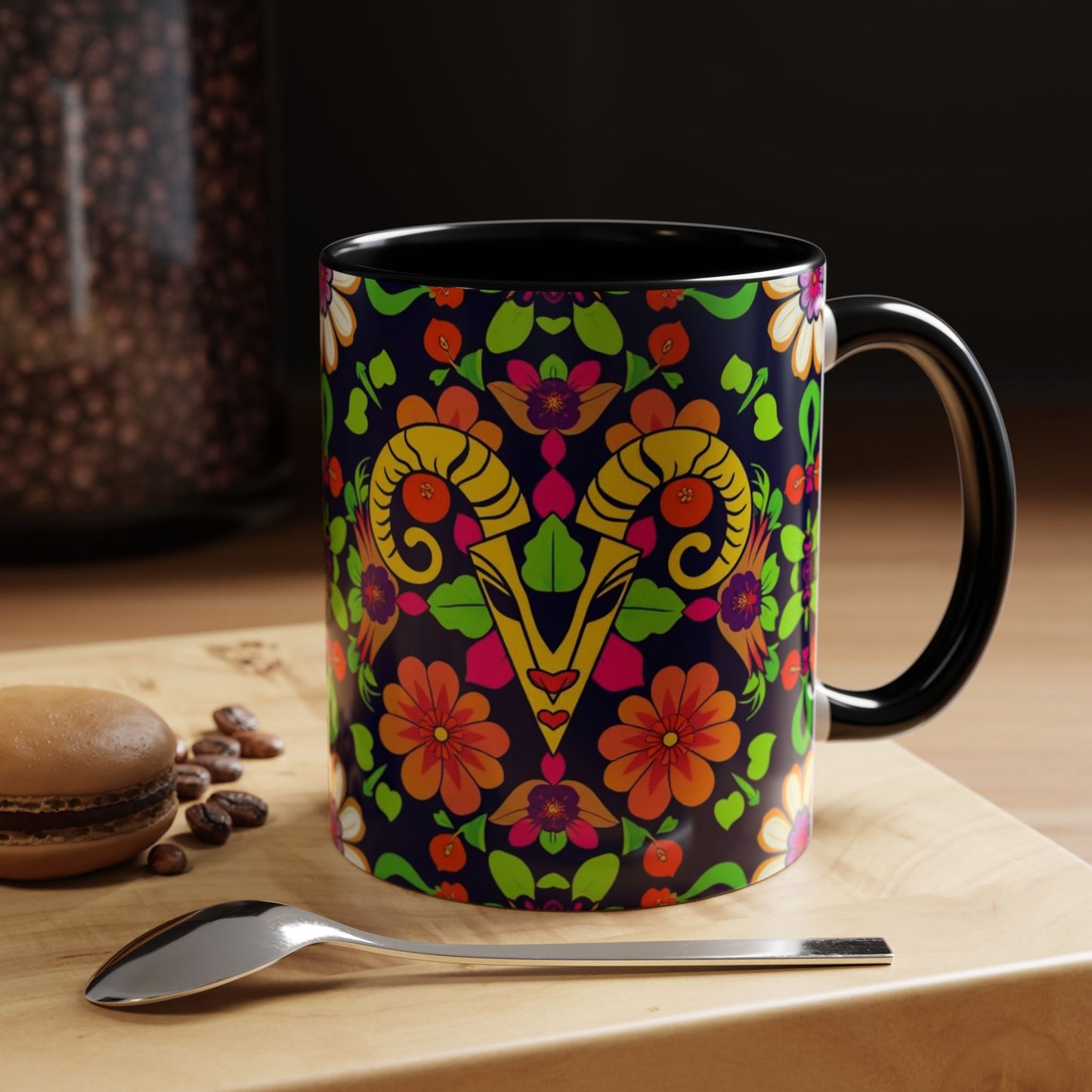 Accent Coffee Mug, Aries, Zodiac v2, Flower Pattern, (11, 15oz)
