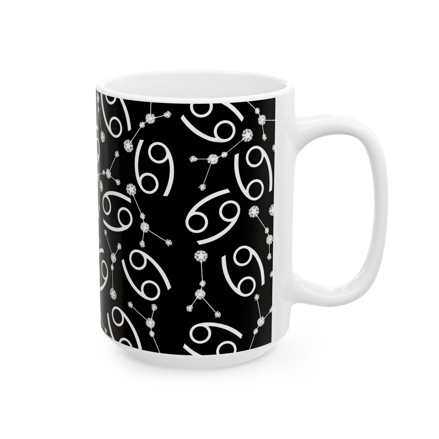 Ceramic Mug, (11oz, 15oz), Ceramic Coffee Mug, Black AOP, Cancer Zodiac Design