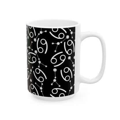 Ceramic Mug, (11oz, 15oz), Ceramic Coffee Mug, Black AOP, Cancer Zodiac Design