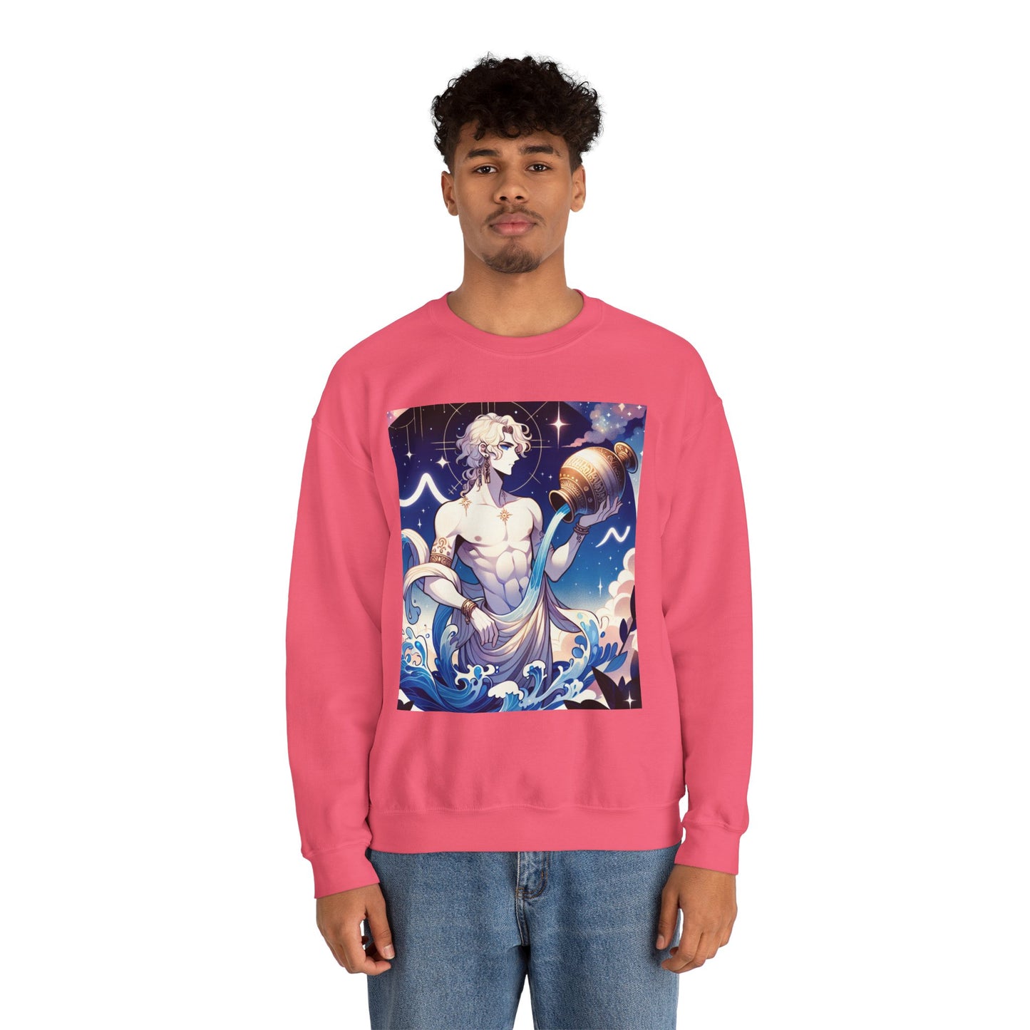 Unisex Heavy Blend™ Crewneck Sweatshirt, Anime Aqua God, Aquarius Zodiac Design