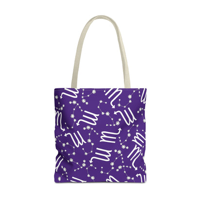 Tote Bag, Scorpio Zodiac Sign, AOP, (Purple, White)