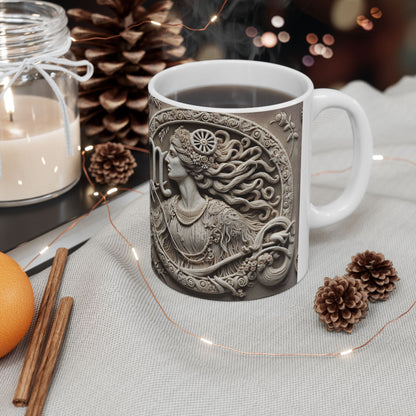 Ceramic Mug, (11oz, 15oz), Ceramic Coffee Mug, Woman Stone Carving, Virgo Zodiac Design