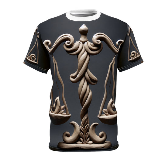 Unisex Cut & Sew T-Shirt (AOP), Bronze Scale, Libra Zodiac Design, Regular fit, 100% Polyester