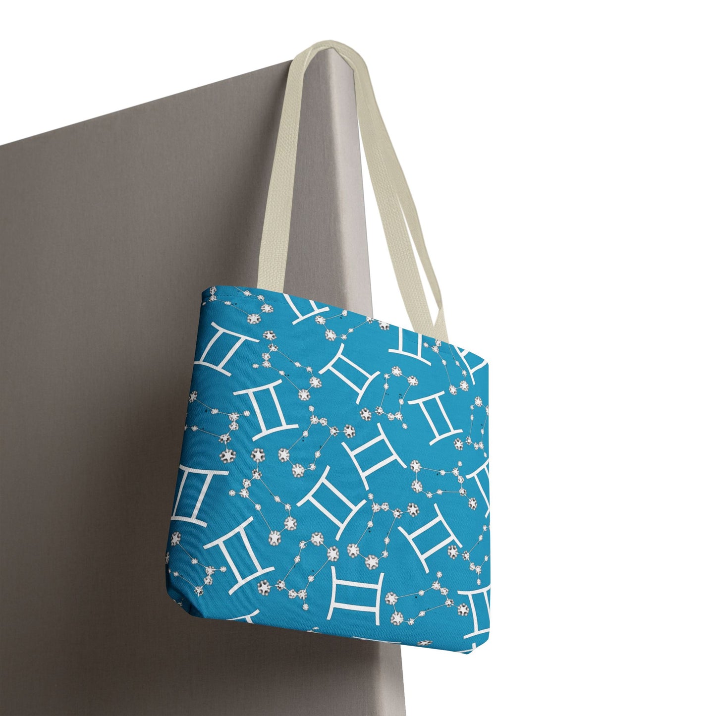 Tote Bag, Gemini Zodiac Sign, AOP, (Turquoise, White Print)