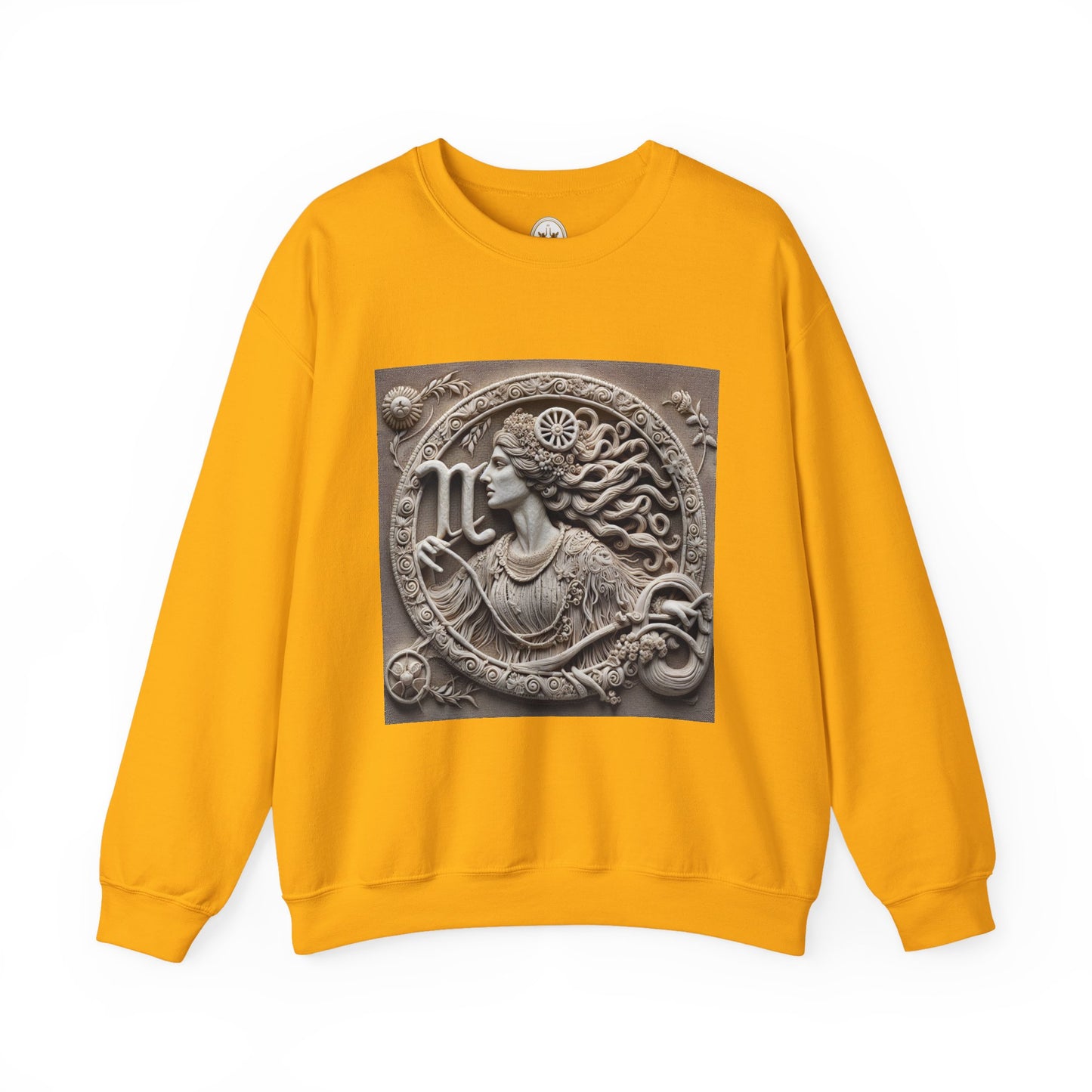 Unisex Heavy Blend™ Crewneck Sweatshirt, Stone Carving, Virgo Zodiac Design