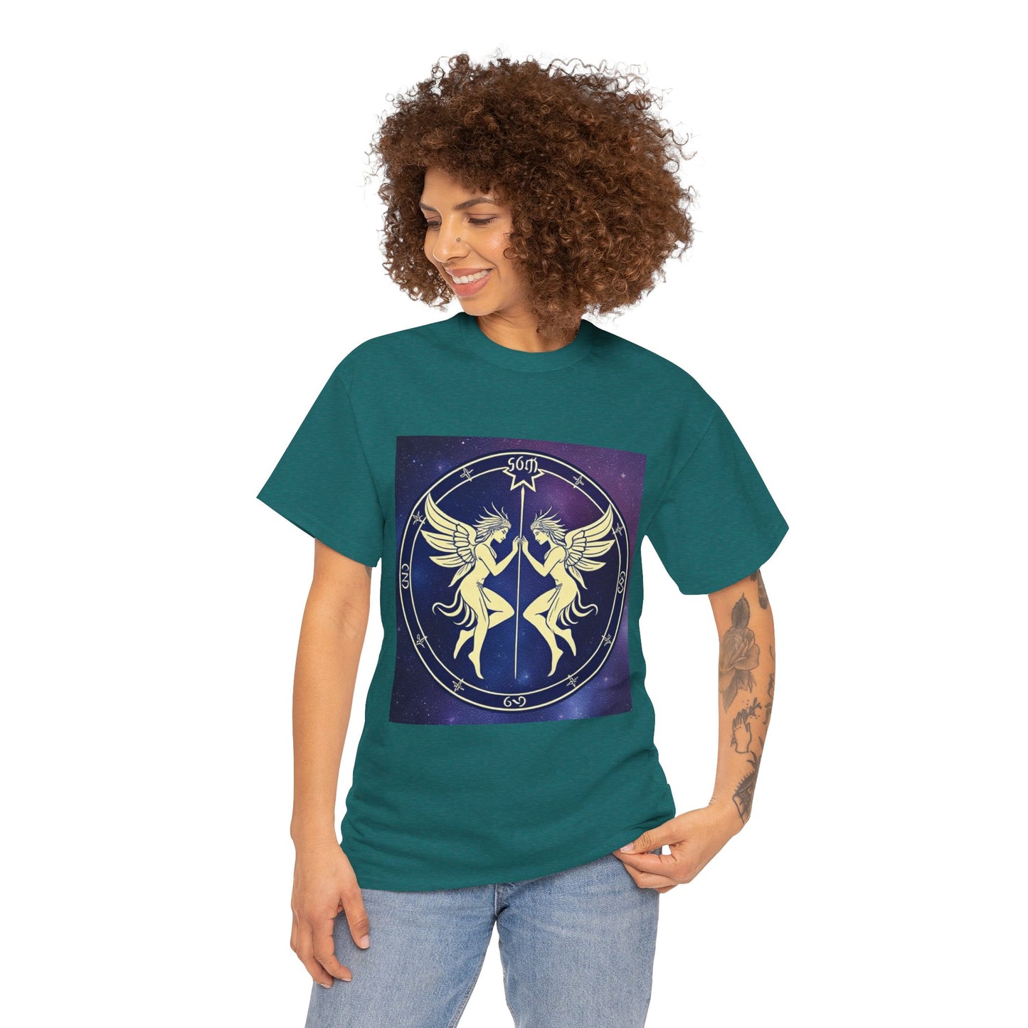 Unisex Heavy Cotton T-Shirt, Space Angel Twins v1, Gemini Zodiac Design