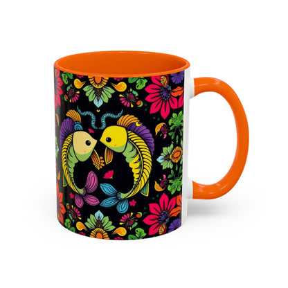 Accent Coffee Mug, Pisces, Zodiac v3, Flower Pattern, (11, 15oz)