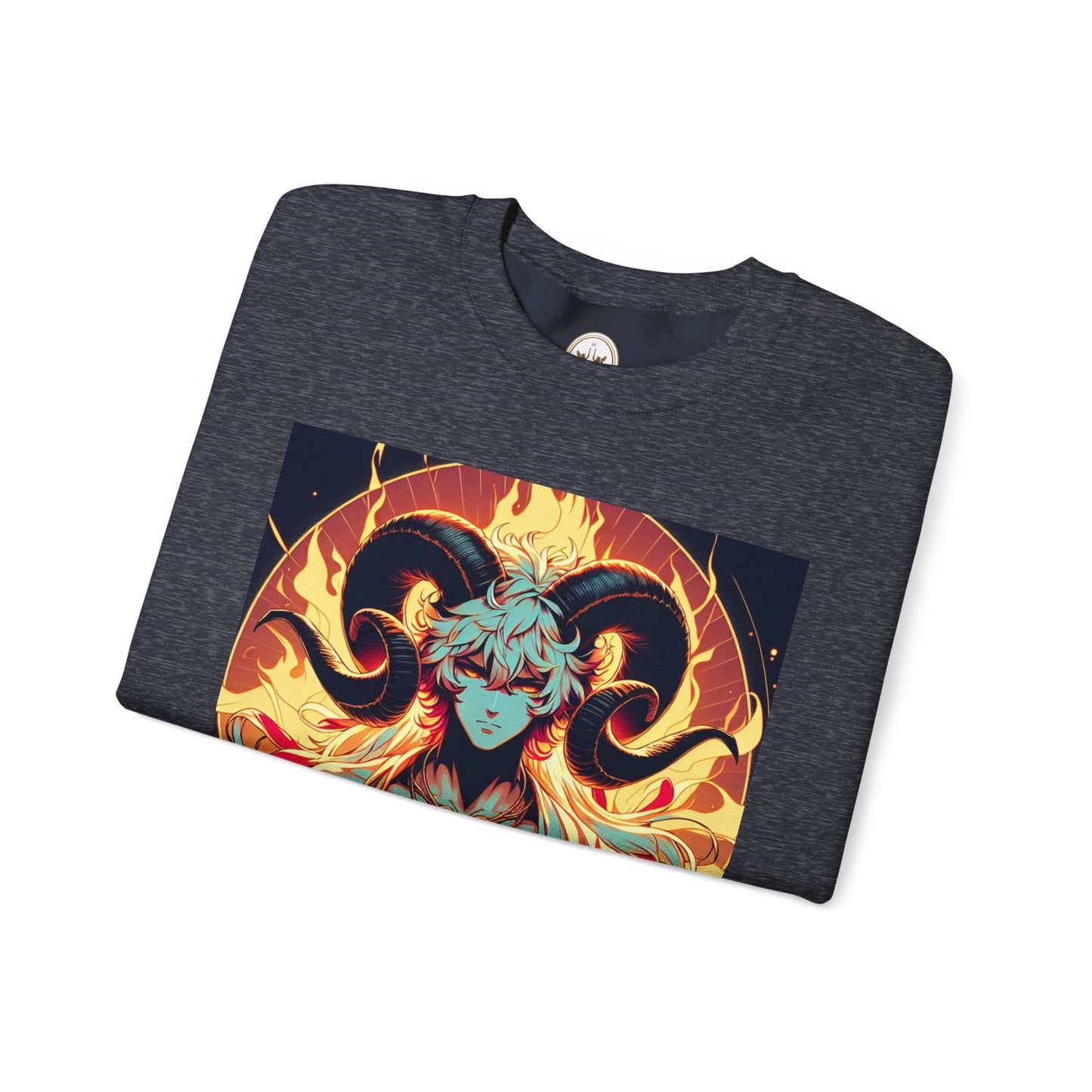 Unisex Heavy Blend™ Crewneck Sweatshirt, Anime Fire Aries, Zodiac Design