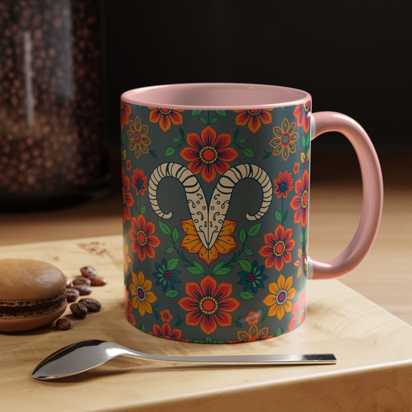 Accent Coffee Mug, Aries, Zodiac v4, Flower Pattern, (11, 15oz)