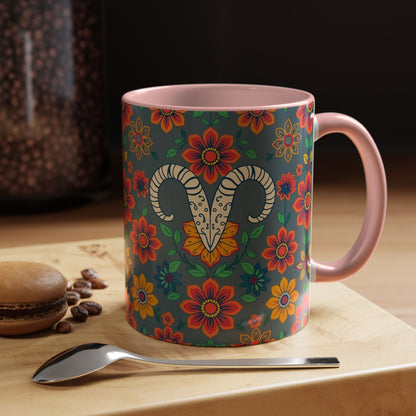 Accent Coffee Mug, Aries, Zodiac v4, Flower Pattern, (11, 15oz)