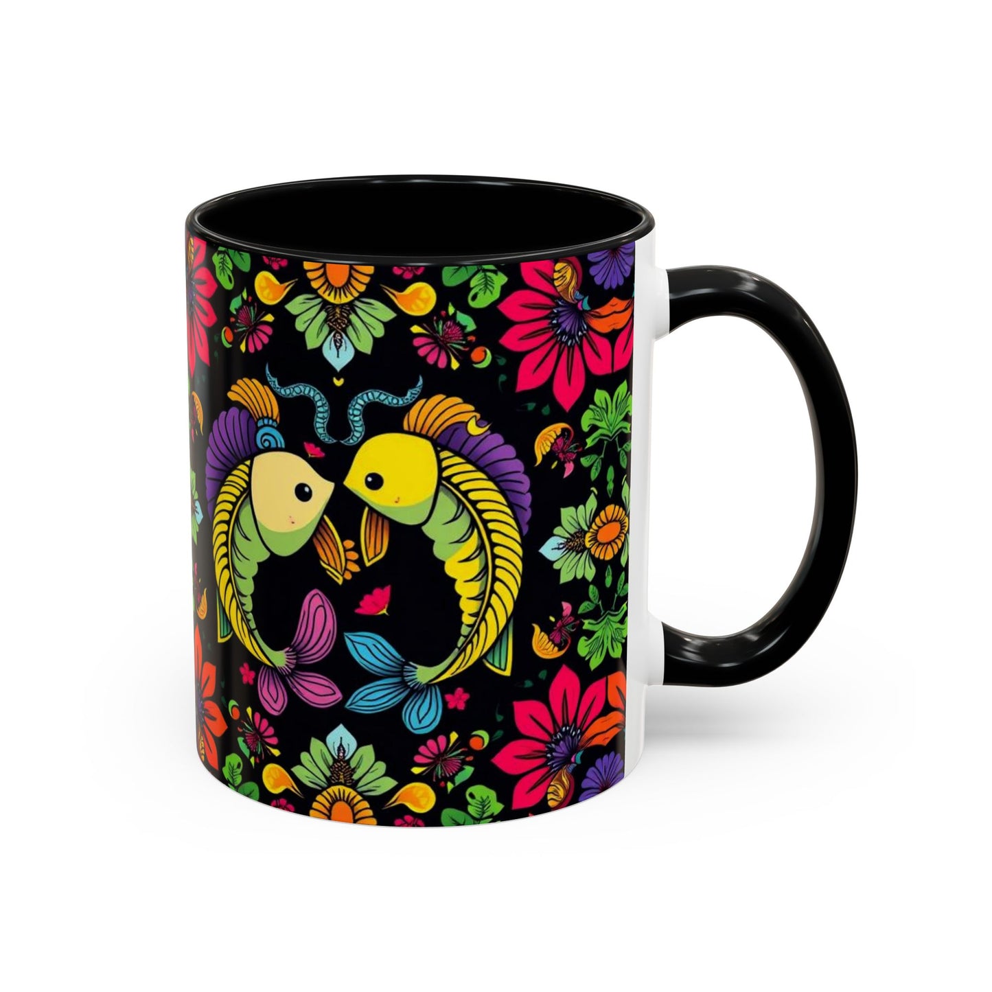 Accent Coffee Mug, Pisces, Zodiac v3, Flower Pattern, (11, 15oz)