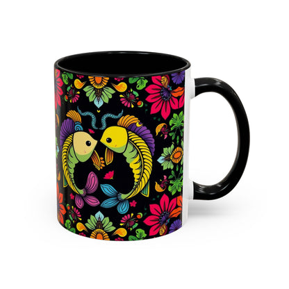 Accent Coffee Mug, Pisces, Zodiac v3, Flower Pattern, (11, 15oz)