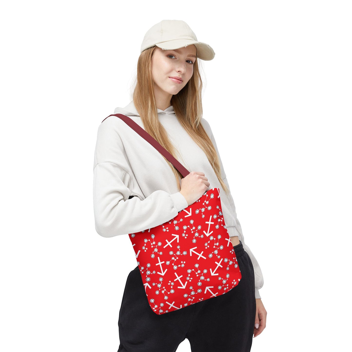 Tote Bag, Sagittarius Zodiac Sign, AOP, (Red, White Print)