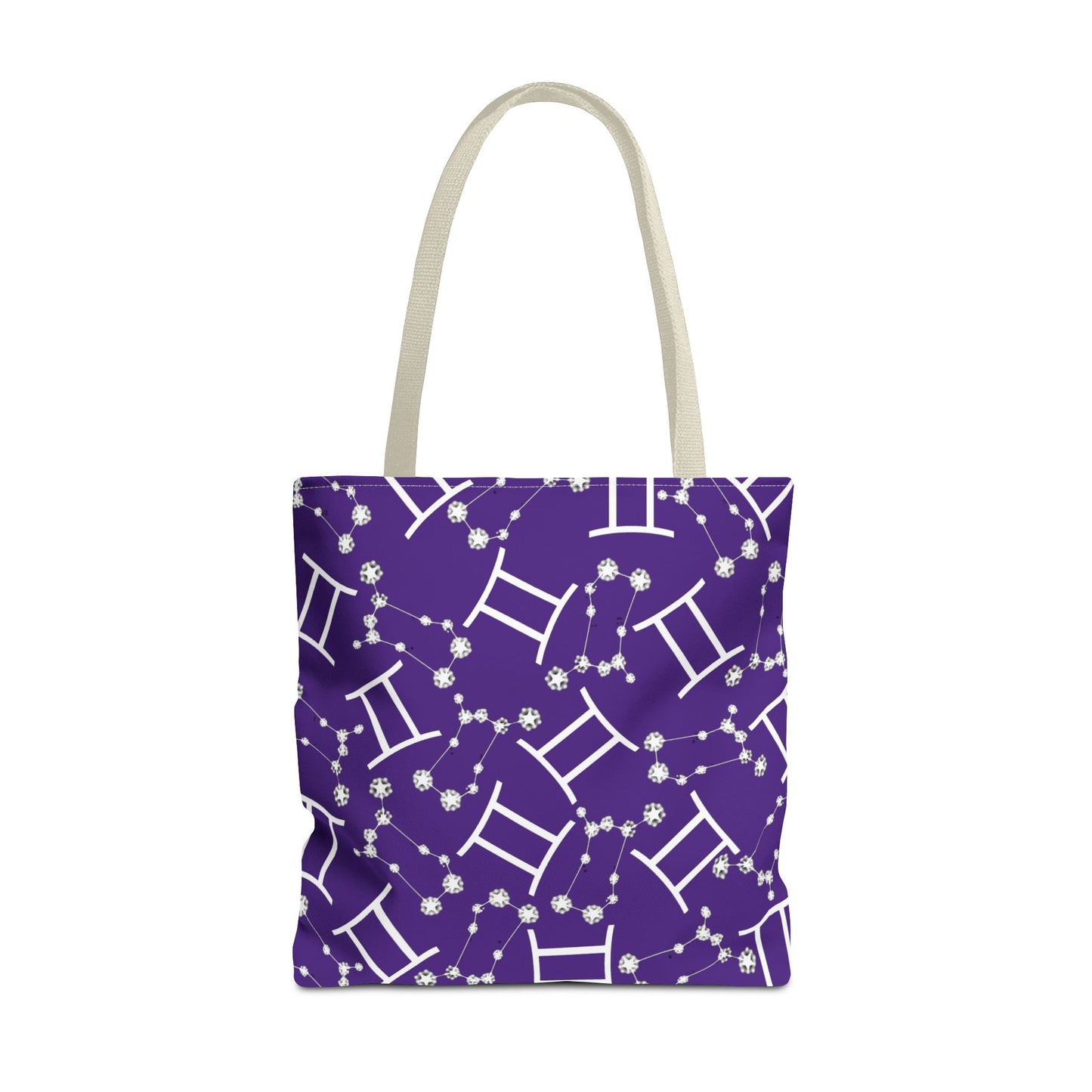 Tote Bag, Gemini Zodiac Sign, AOP, (Purple, White Print)