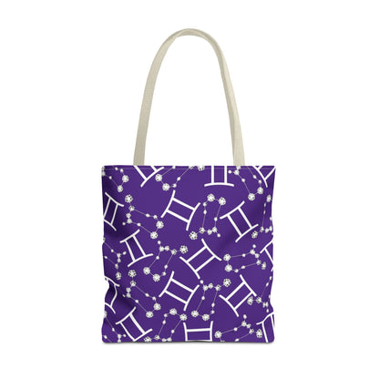 Tote Bag, Gemini Zodiac Sign, AOP, (Purple, White Print)