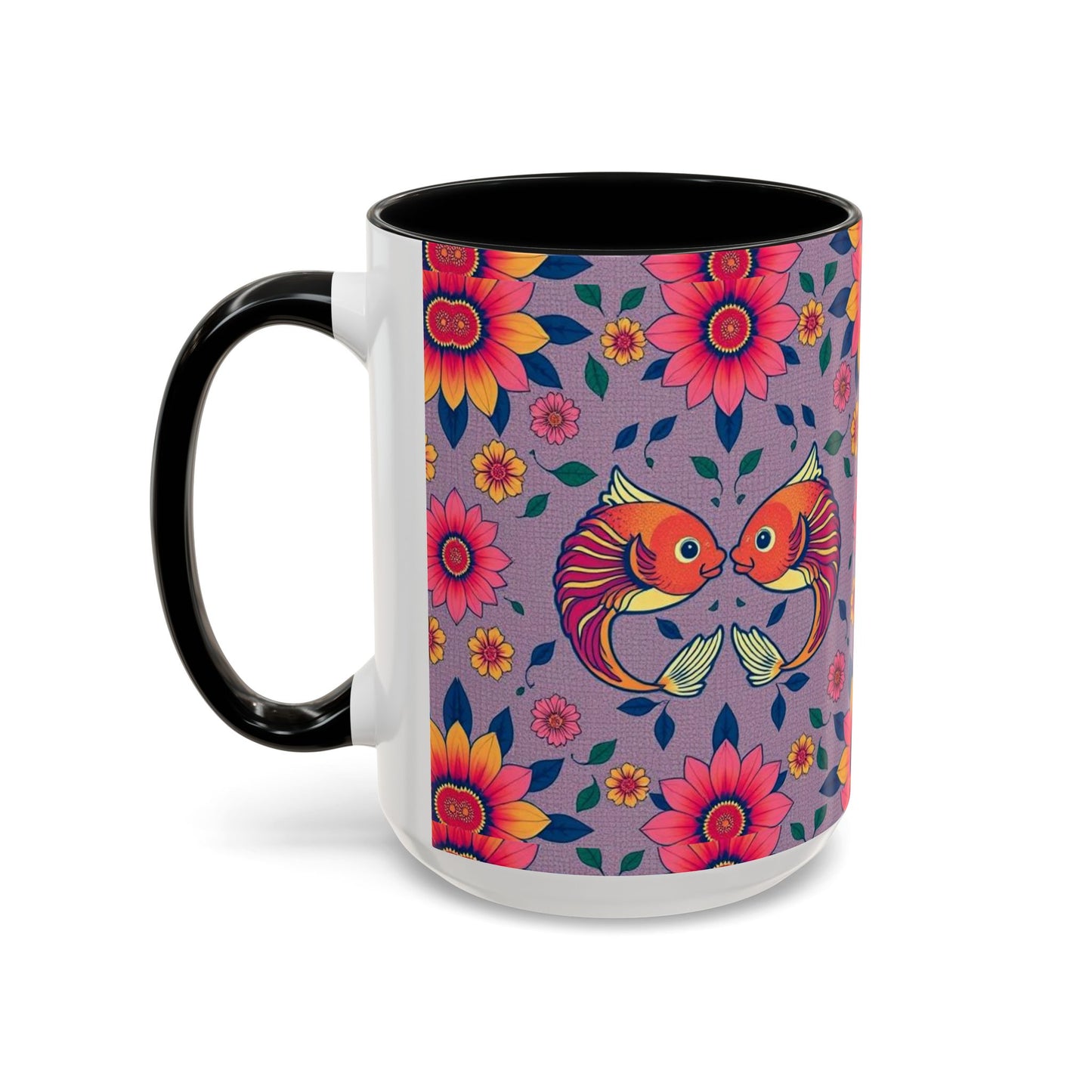 Accent Coffee Mug, Pisces, Zodiac v2, Flower Pattern, (11, 15oz)