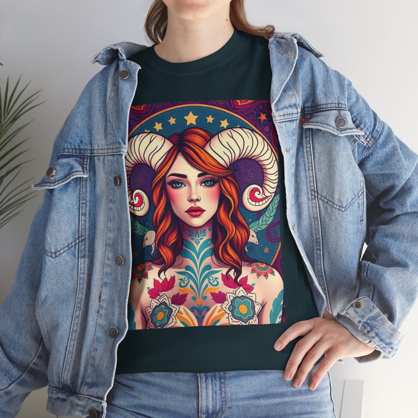 Unisex Heavy Cotton T-Shirt, Aries, Zodiac v1, Sexy Art