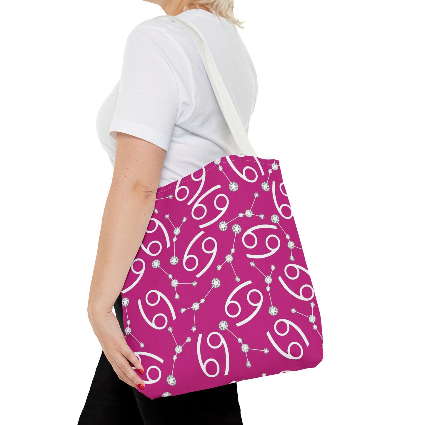 Tote Bag, Cancer Zodiac Sign, AOP, (Pink, White)
