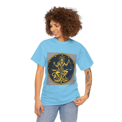Unisex Heavy Cotton T-Shirt, Gold Libra God, Zodiac Design