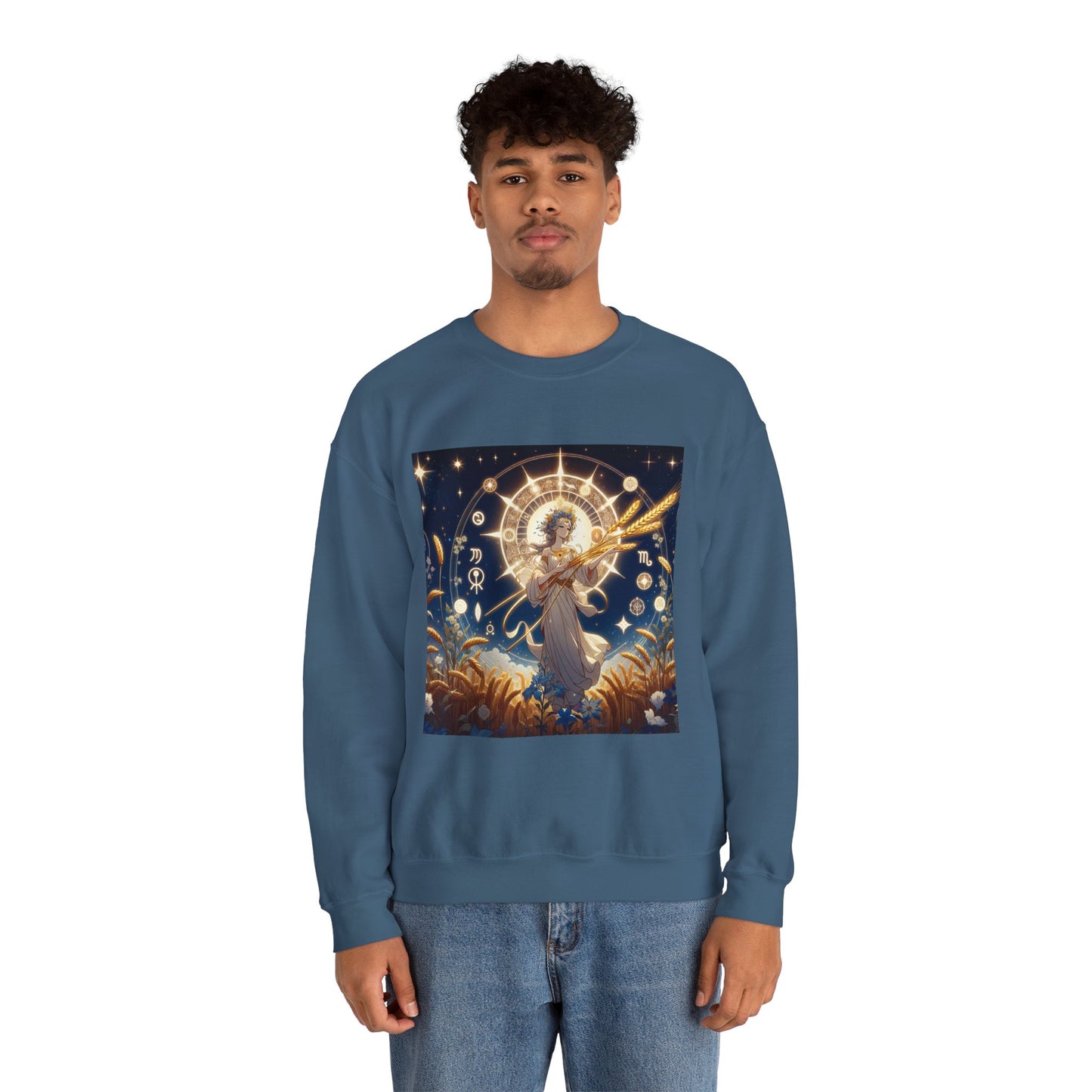 Unisex Heavy Blend™ Crewneck Sweatshirt, anime girl in wheat field, Virgo Zodiac Design