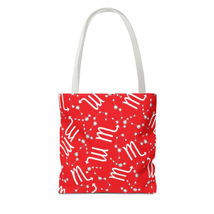 Tote Bag, Scorpio Zodiac Sign, AOP, (Red, White)