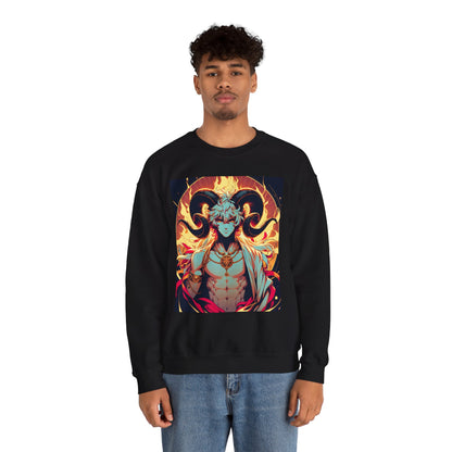 Unisex Heavy Blend™ Crewneck Sweatshirt, Anime Fire Aries, Zodiac Design