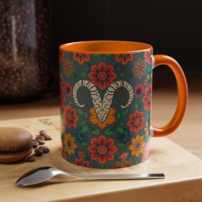Accent Coffee Mug, Aries, Zodiac v4, Flower Pattern, (11, 15oz)